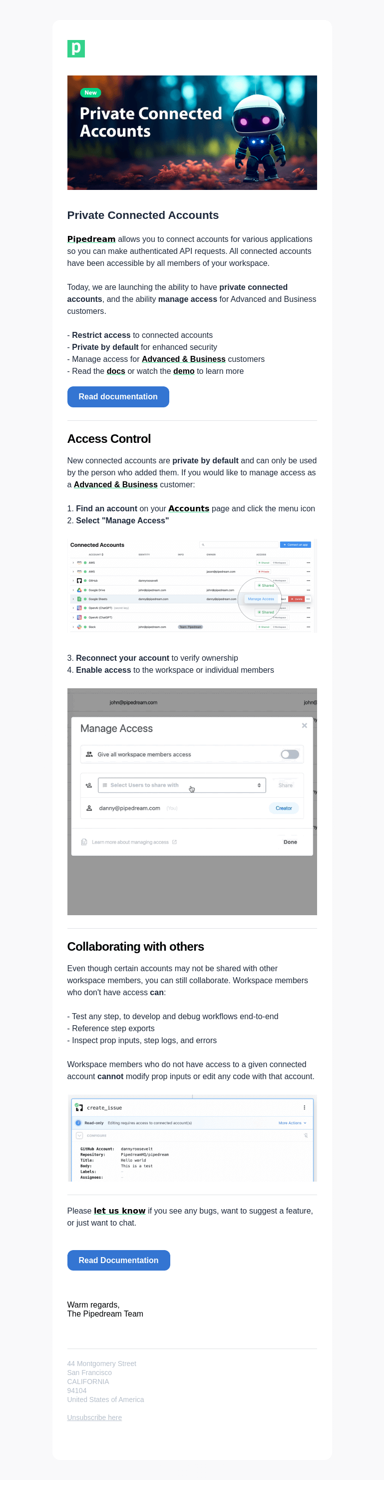 Письмо компании «Pipedream» на тему «Private Connected Accounts»