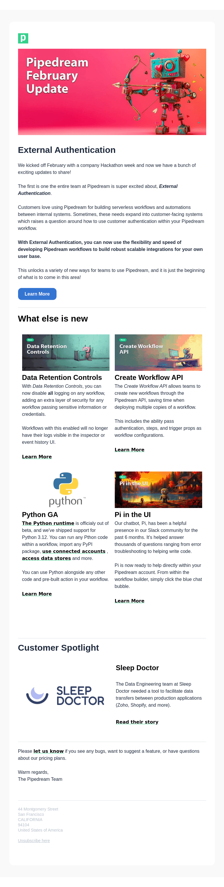 Письмо компании «Pipedream» на тему «External Authentication, Python GA, and More»