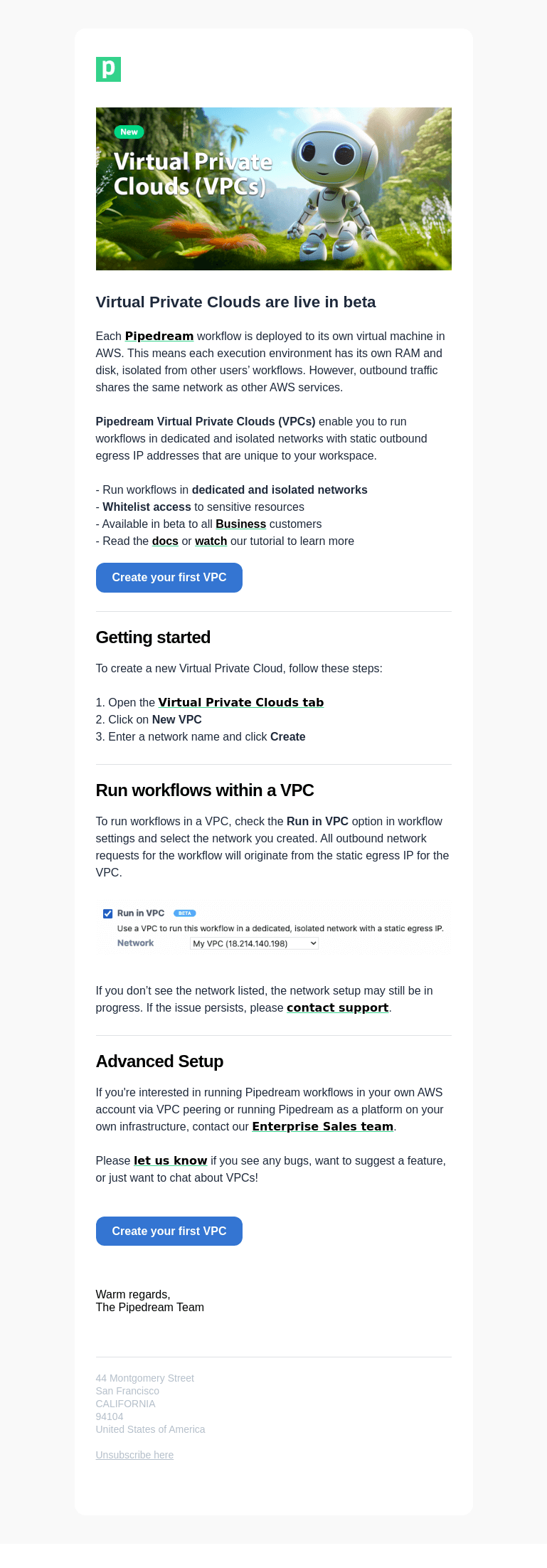 Письмо компании «Pipedream» на тему «Virtual Private Clouds are live»