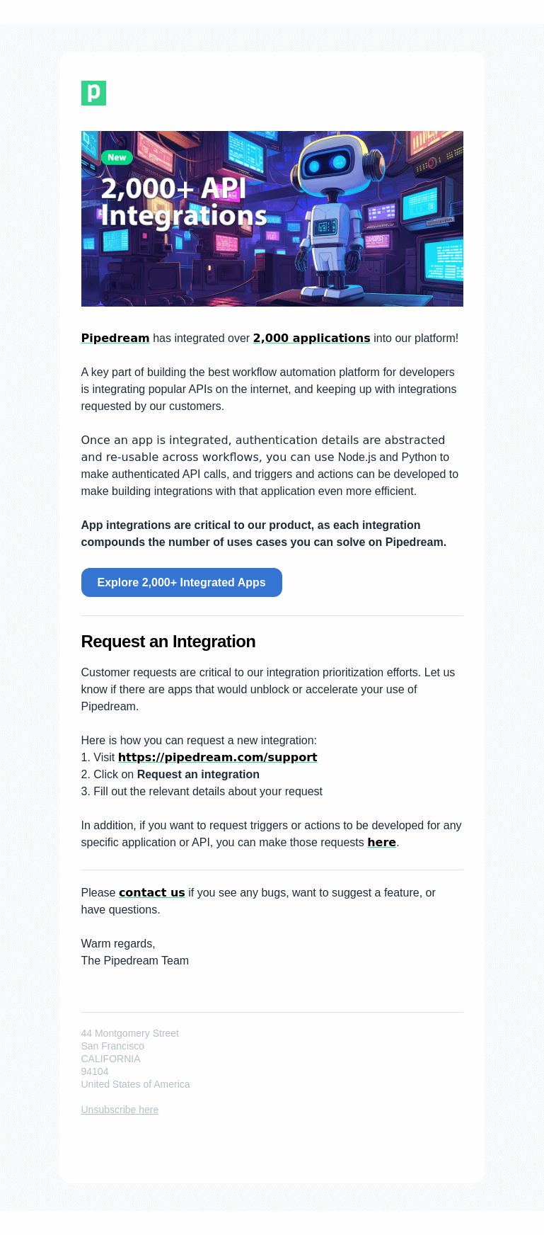 Письмо компании «Pipedream» на тему «Pipedream now has 2000+ API integrations»