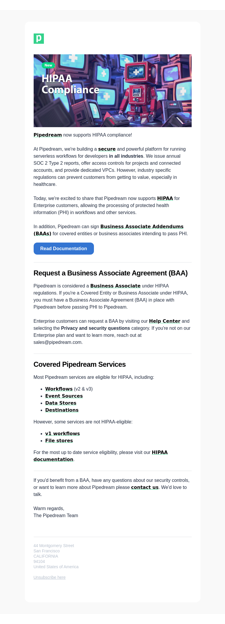 Письмо компании «Pipedream» на тему «Pipedream supports HIPAA compliance»