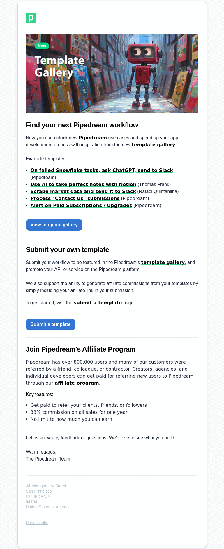 Письмо компании «Pipedream» на тему «Find your next Pipedream workflow»