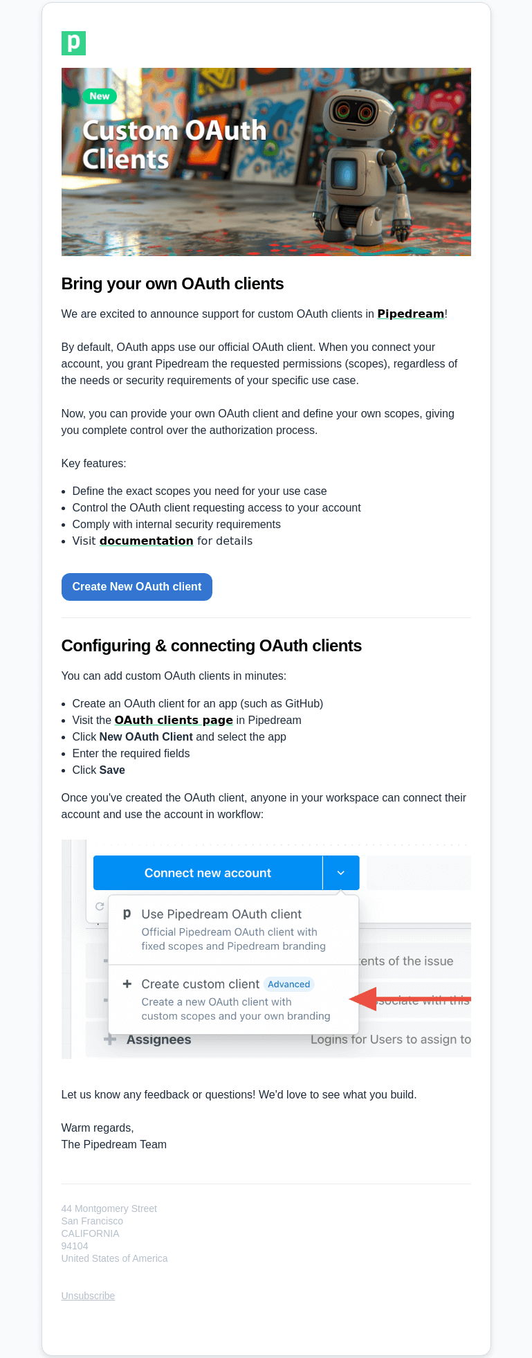 Письмо компании «Pipedream» на тему «Bring your own OAuth clients»