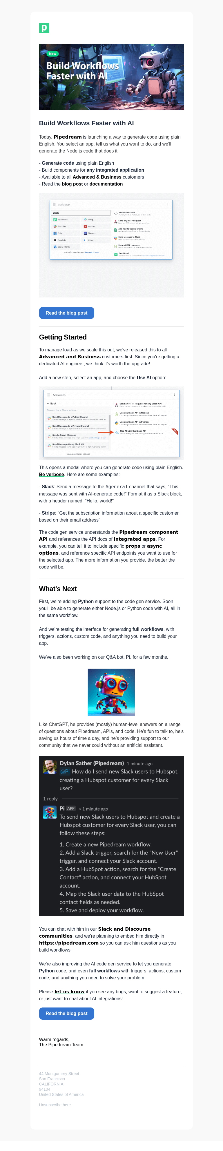 Письмо компании «Pipedream» на тему «Build workflows faster with AI»