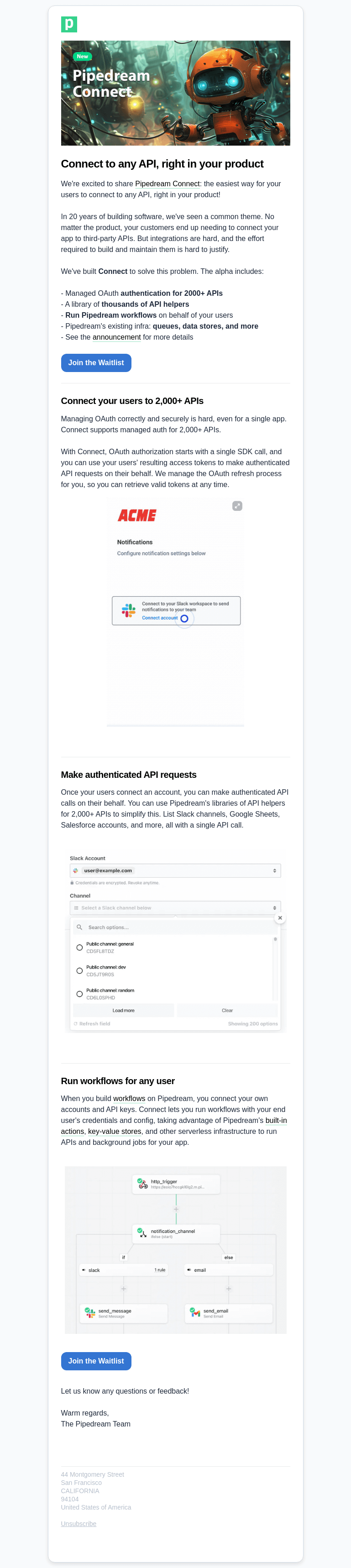 Письмо компании «Pipedream» на тему «Connect to any API, right in your product»