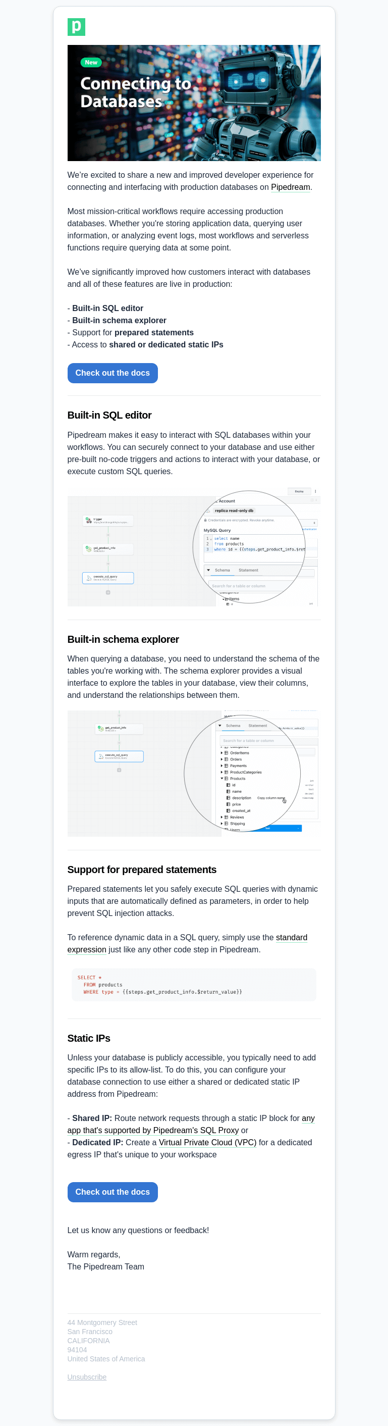 Письмо компании «Pipedream» на тему «Connecting to production databases»