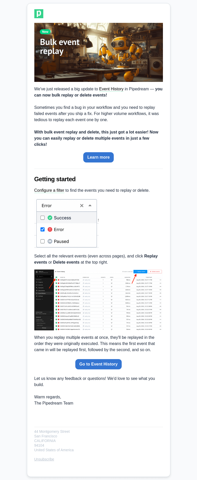 Письмо компании «Pipedream» на тему «Bulk replay events in Pipedream»