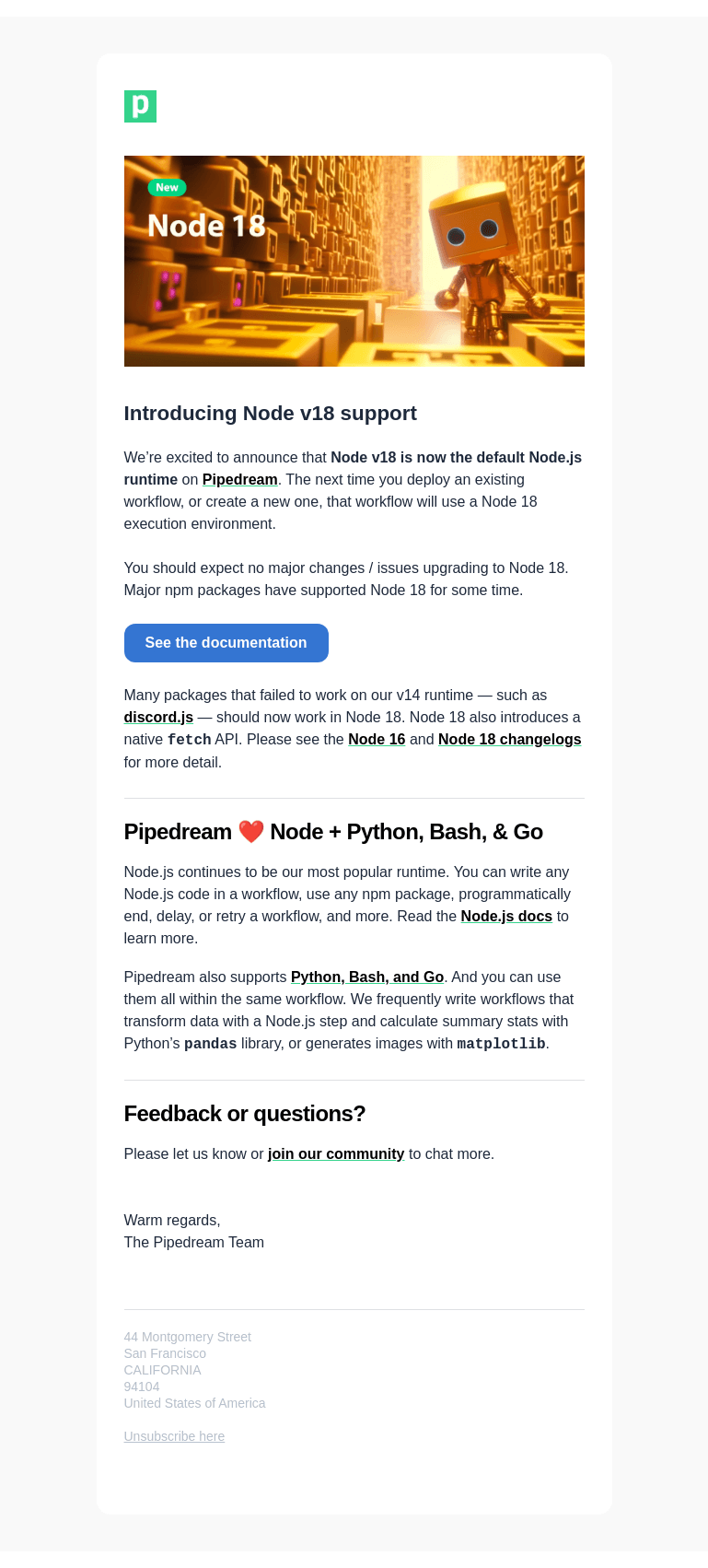 Письмо компании «Pipedream» на тему «Introducing Node v18 support»