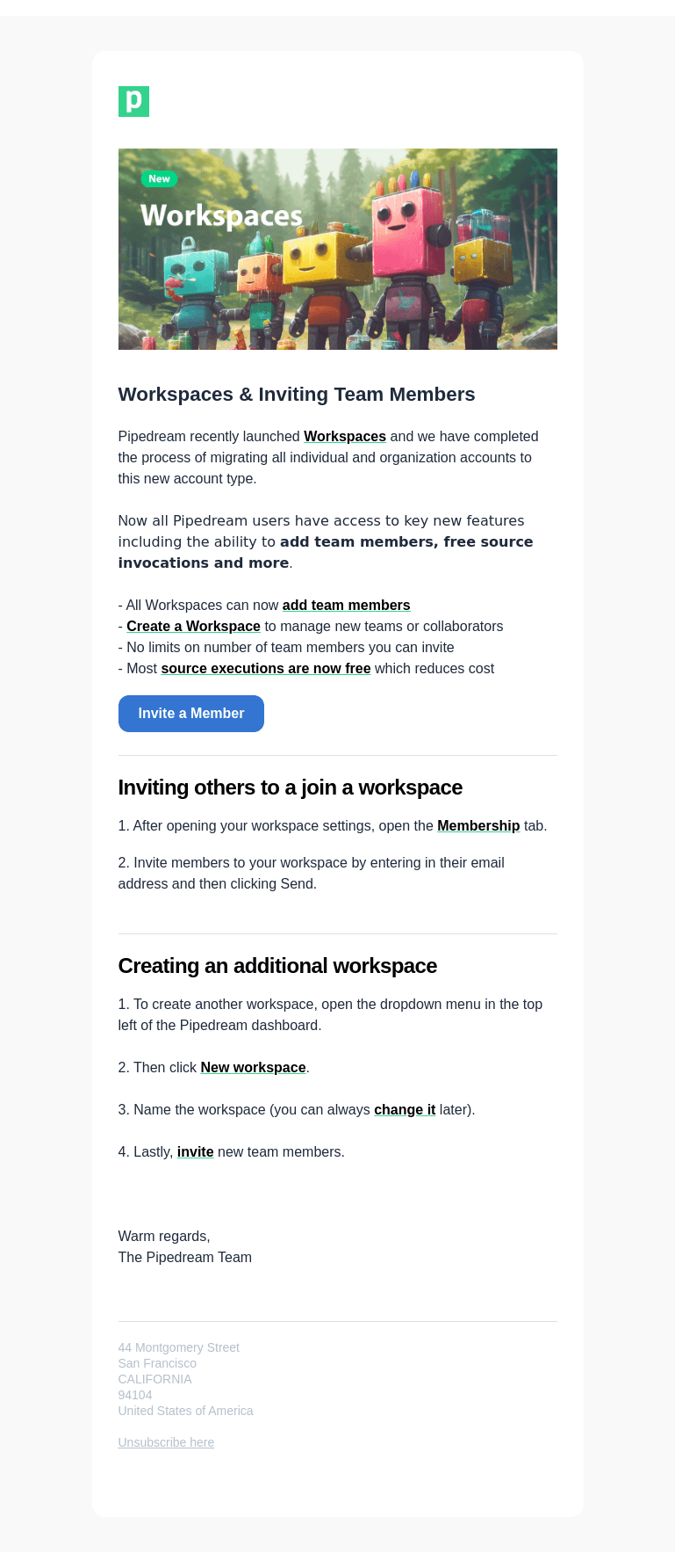 Письмо компании «Pipedream» на тему «Workspaces & inviting team members»