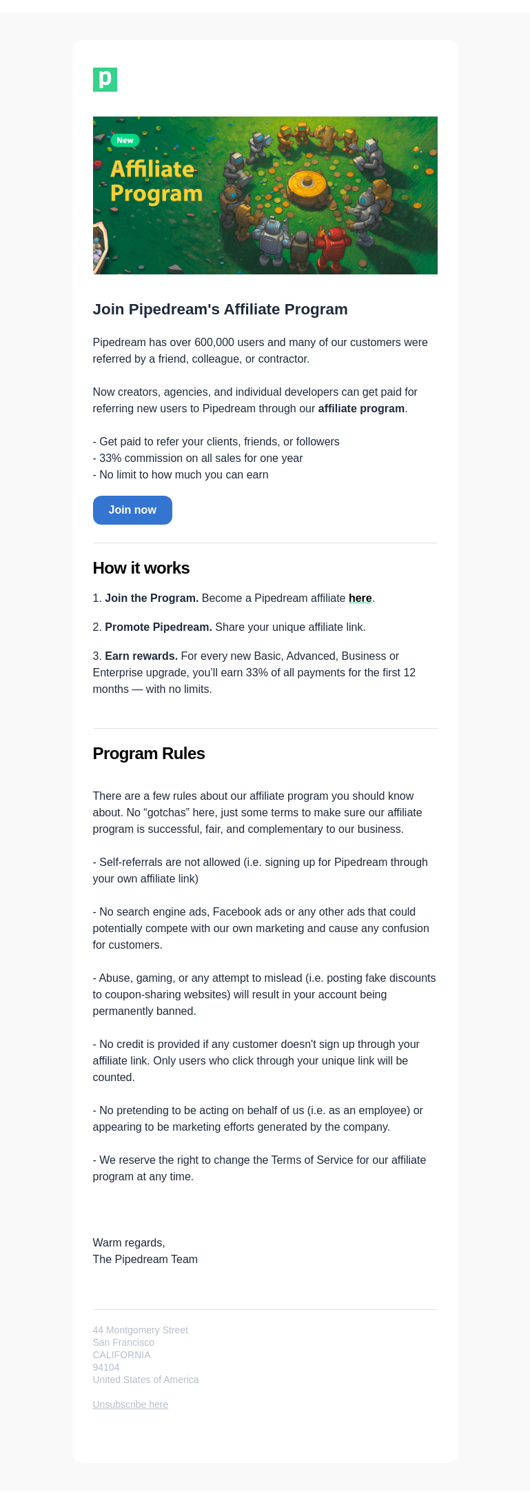 Письмо компании «Pipedream» на тему «New Affiliate Program»