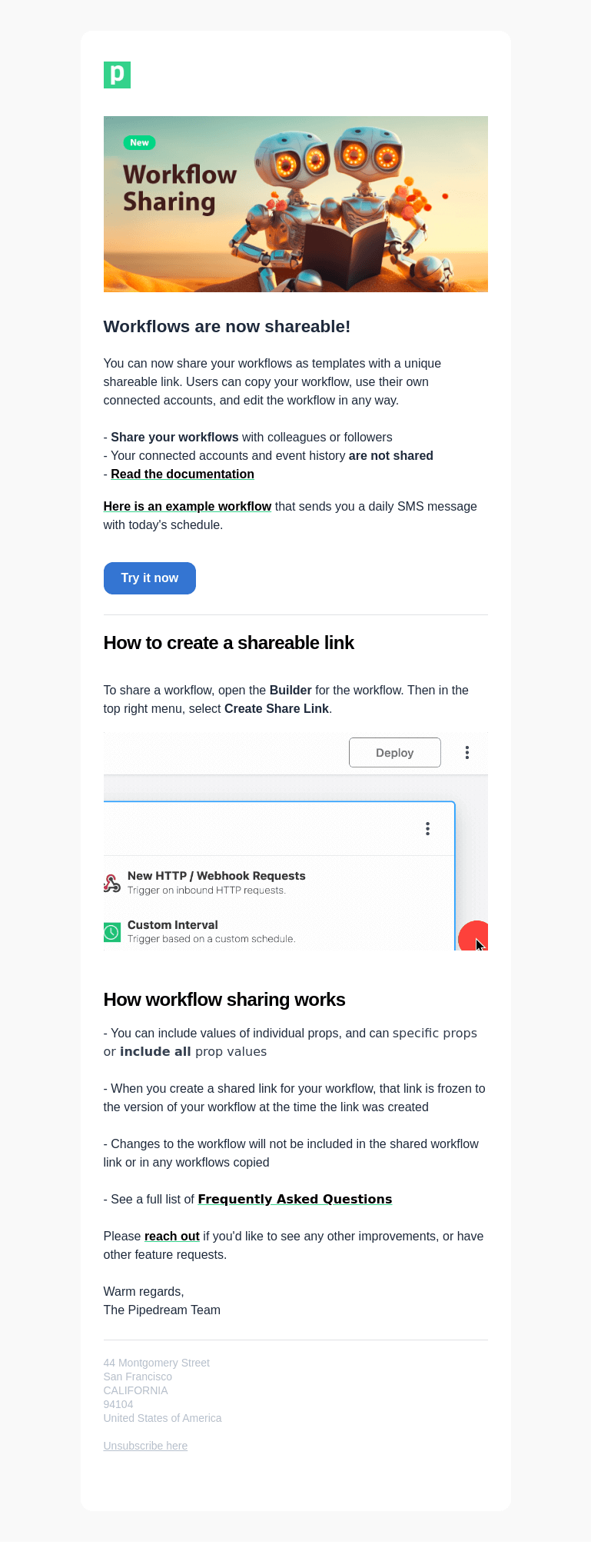 Письмо компании «Pipedream» на тему «Introducing Workflow Sharing»
