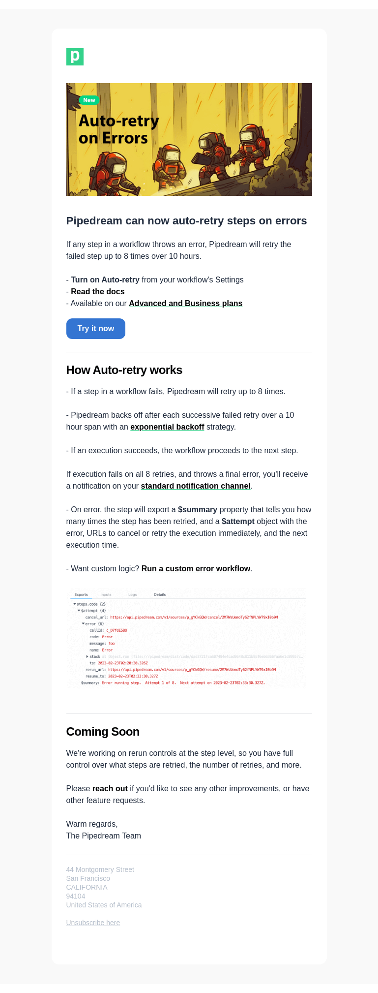 Письмо компании «Pipedream» на тему «Auto-retry on Errors»