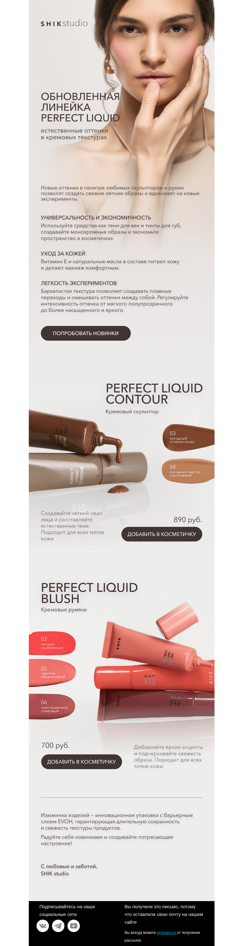 Письмо компании «SHIK» на тему « Обновленная линейка PERFECT LIQUID — естественные оттенки в кремовых текстурах»