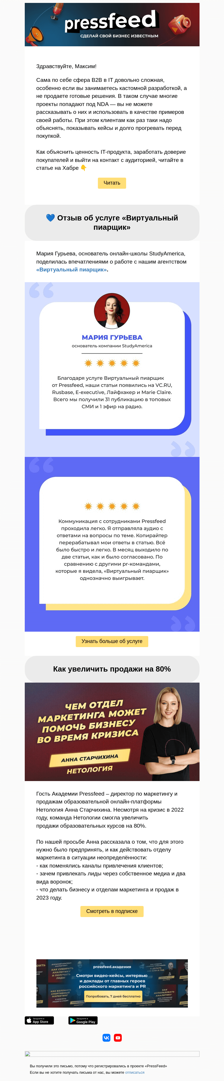 Письмо компании «PressFeed» на тему «Как продвигать IT-компанию в B2B»