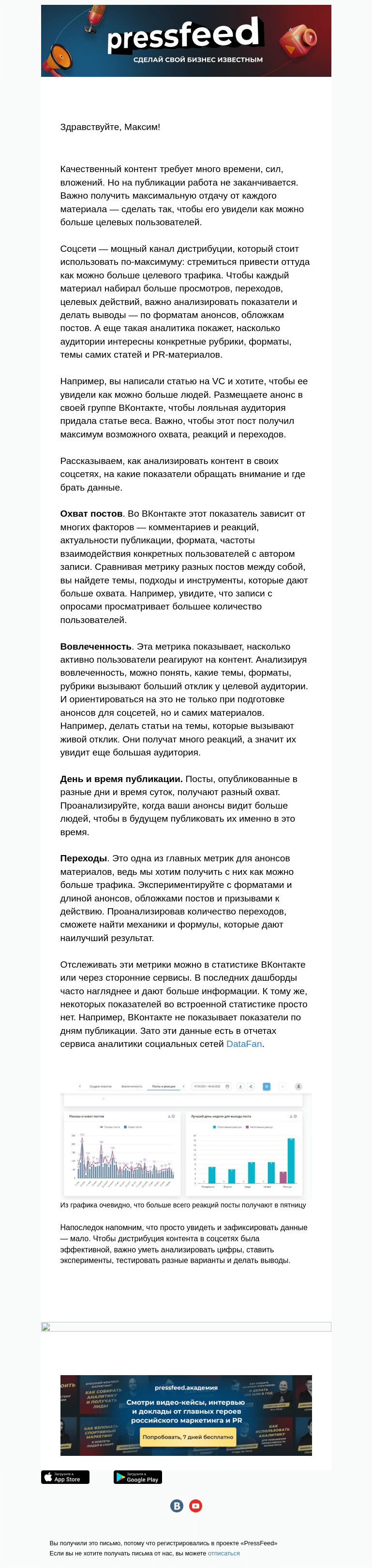 Письмо компании «PressFeed» на тему «Как повысить эффективность дистрибуции во ВКонтакте»