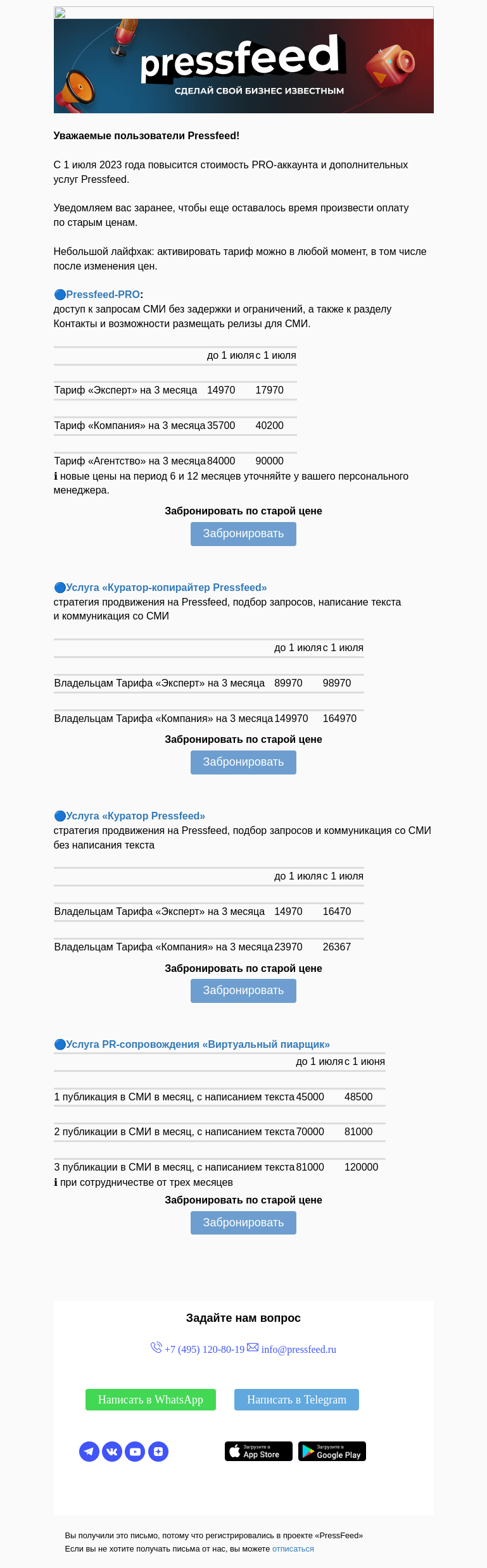 Письмо компании «PressFeed» на тему «Уважаемые пользователи Pressfeed!»