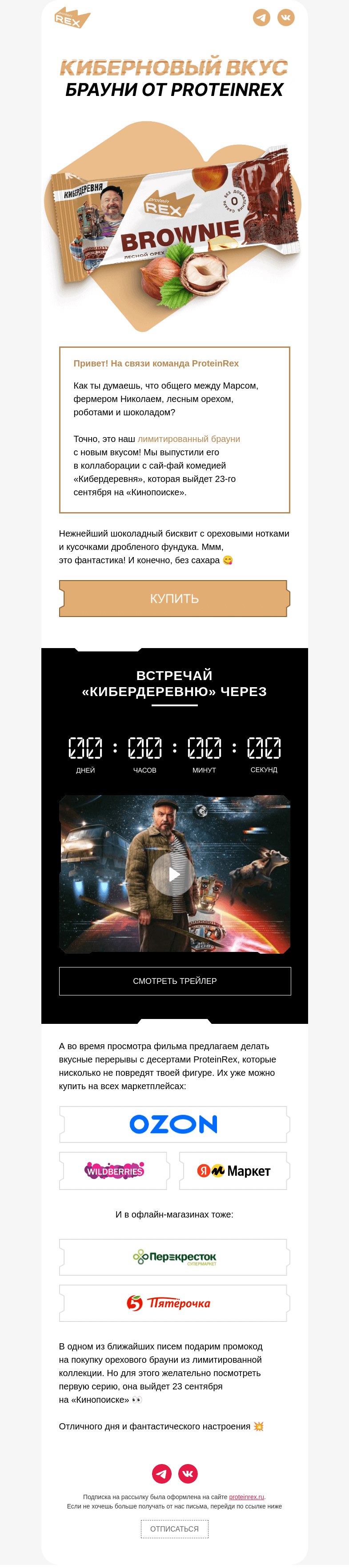 Письмо компании «ProteinRex» на тему «Киберновый брауни с лесным орехом»