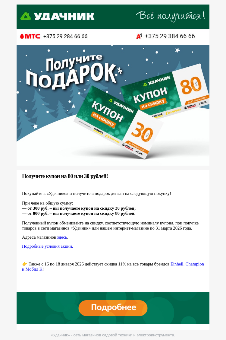 Письмо компании «ydachnik.by» на тему «Дарим деньги за покупки в «Удачнике»!»