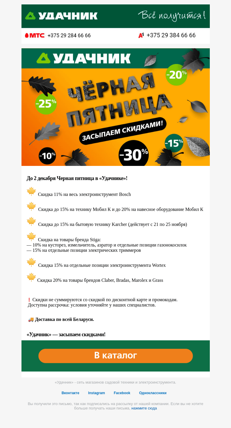 Письмо компании «ydachnik.by» на тему « 💣 Черная пятница в «Удачнике» - скидки до 30%!»
