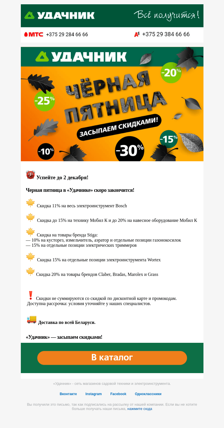 Письмо компании «ydachnik.by» на тему « 💣 Черная пятница в «Удачнике» - скидки до 30%!»
