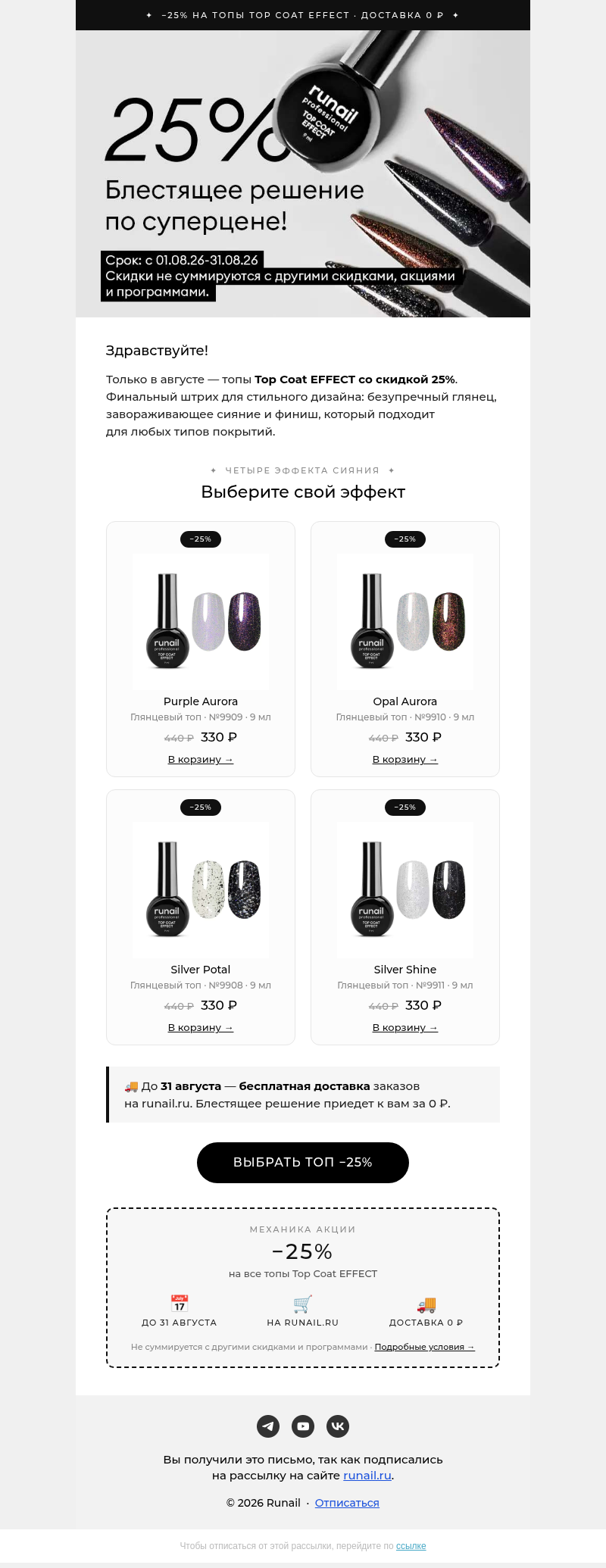 Письмо компании «Runail.ru» на тему «−25% на топы Top Сoat EFFECT 💫»