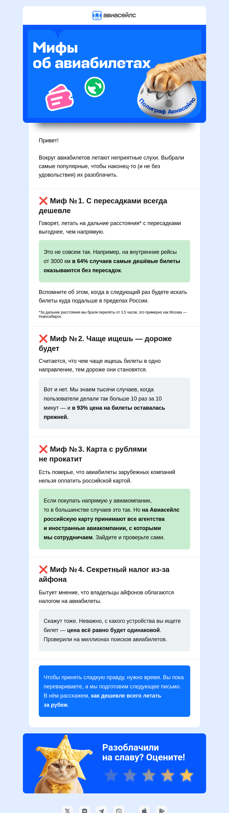 Письмо компании «Авиасейлс» на тему «4 мифа о билетах»