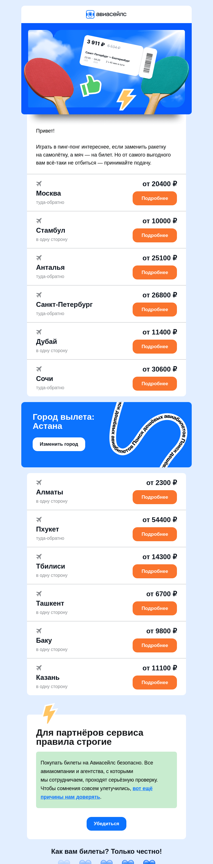 Письмо компании «Авиасейлс» на тему «Прыгучие билеты от 2300 ₽ из Астаны»