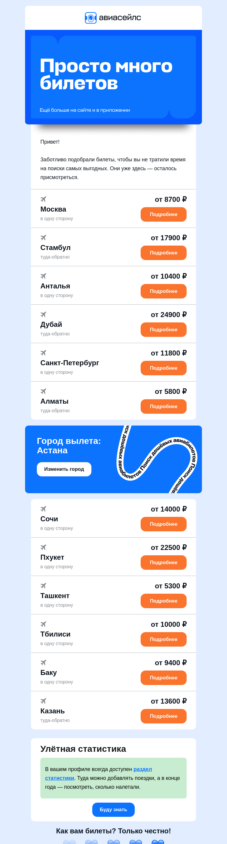 Письмо компании «Авиасейлс» на тему «Билеты от 5300 ₽ из Астаны»