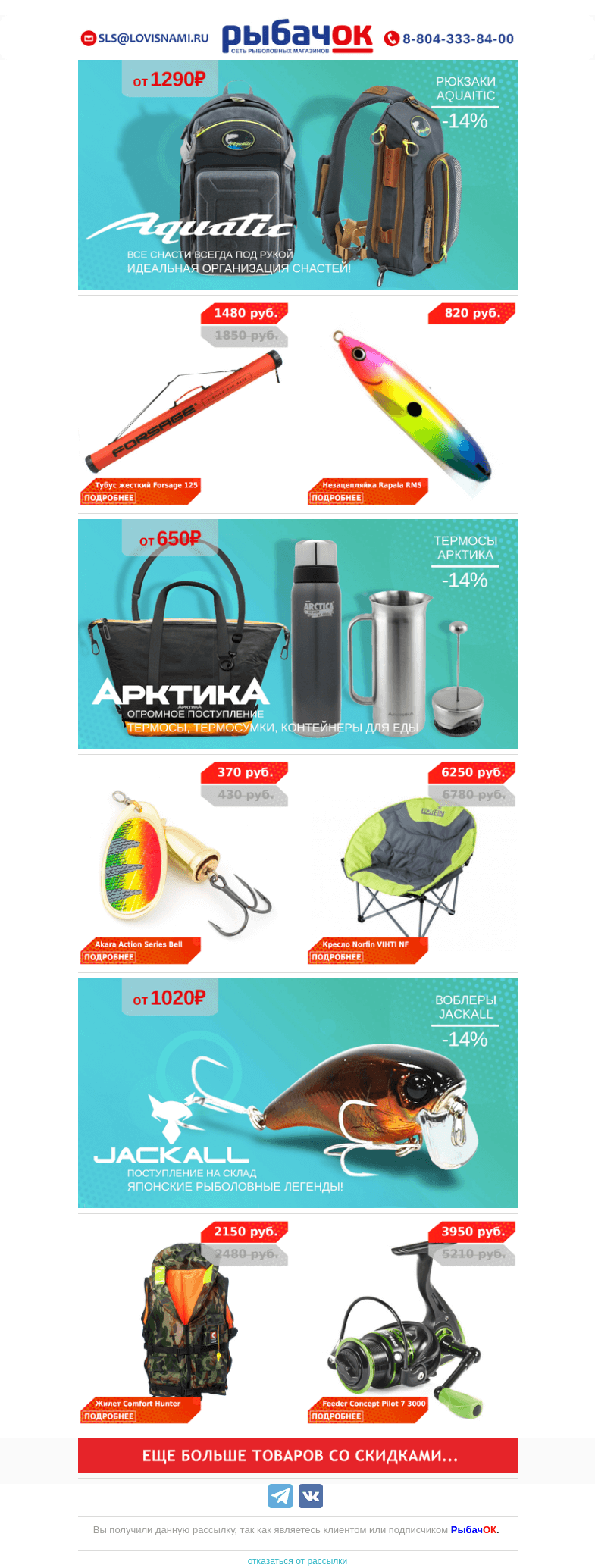 Письмо компании «Рыбачок» на тему «Воблеры JACKALL, блесны-незацепляйки RAPALA и спасательные жилеты уже на складе! Скидки до 25% на фидерные катушки FEEDER CONCEPT и термосы АРКТИКА!»