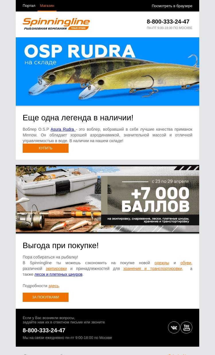 Письмо компании «SpinningLine.ru» на тему «Баллы и поступление на склад!»