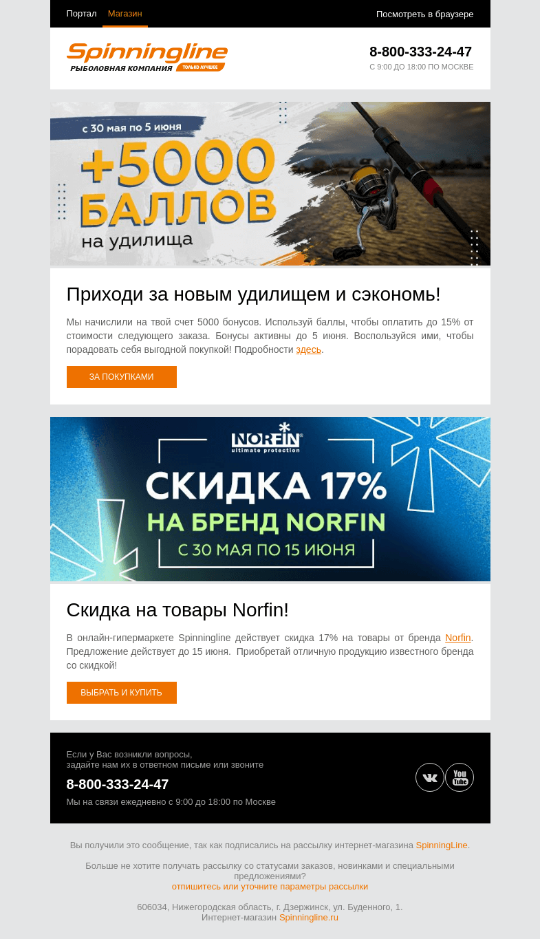 Письмо компании «SpinningLine.ru» на тему «Бонусы на покупки + скидка на Norfin»