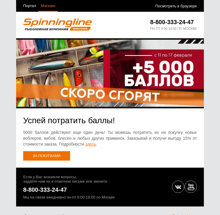 Письмо компании «SpinningLine.ru» на тему «Последний день действия баллов!»