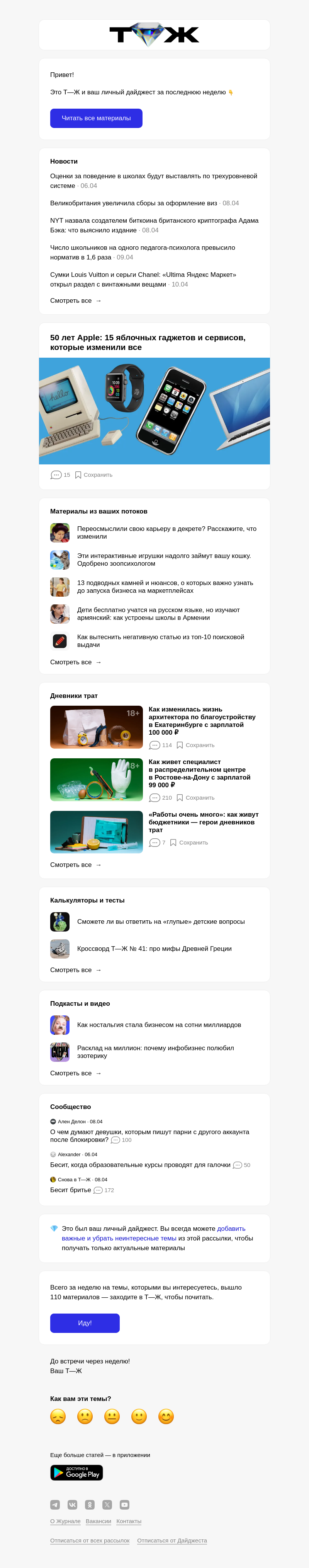 Письмо компании «Т—Ж 💎» на тему «50 лет Apple: 15 яблочных гаджетов и сервисов, которые изменили все»