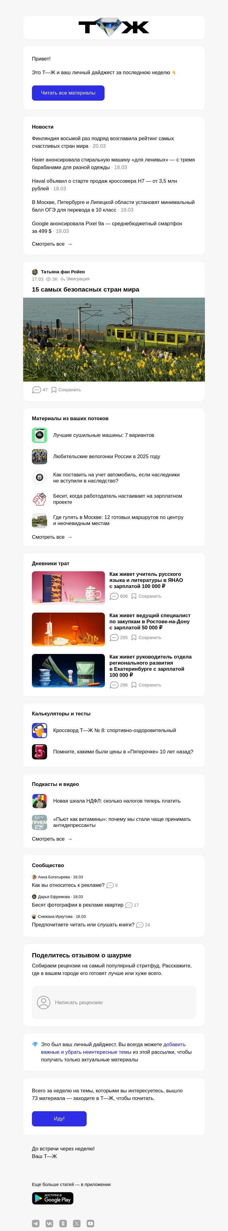 Письмо компании «Т—Ж» на тему «15 самых безопас­ных стран мира»
