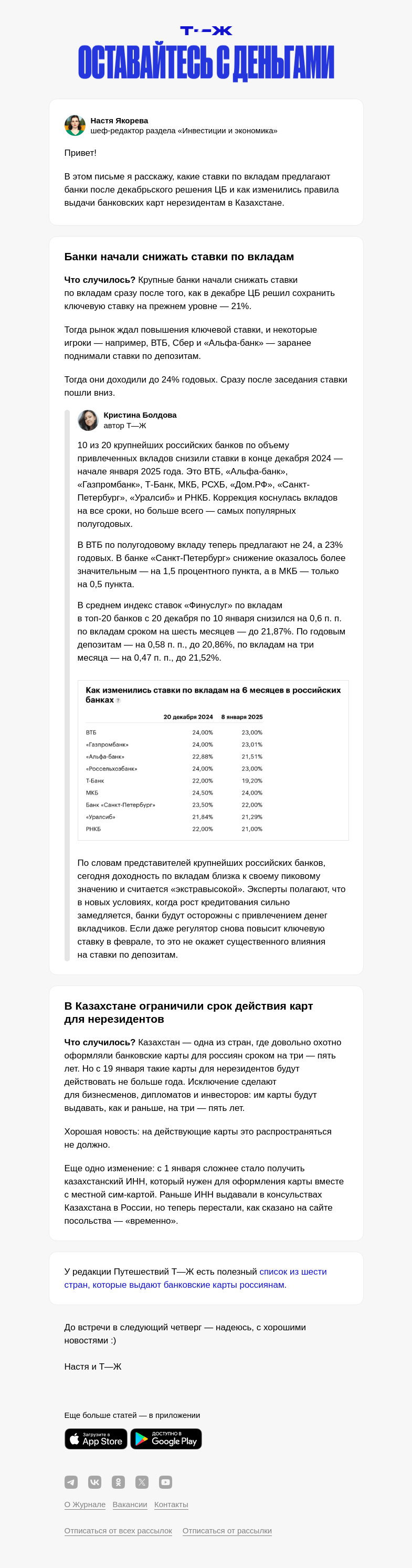 Письмо компании «Т—Ж» на тему ««Экстравысокие» ставки по вкладам начали снижаться»