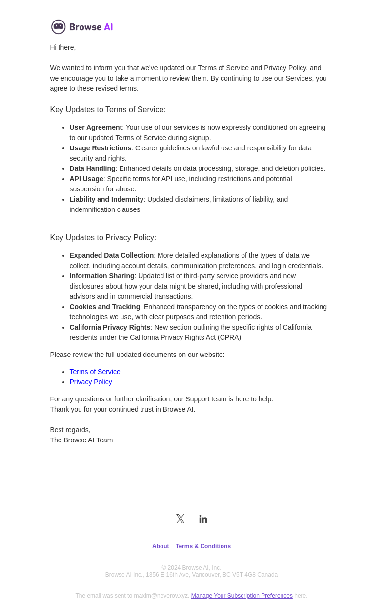 Письмо компании «Browse AI» на тему «Important Updates to Our Terms of Service and Privacy Policy»