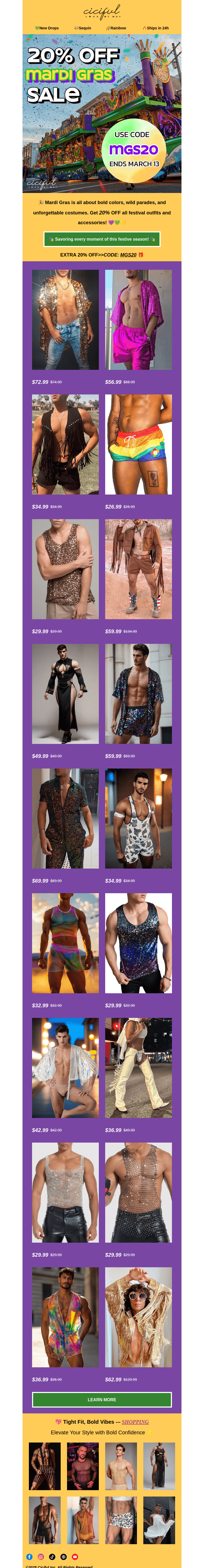 Письмо компании «Ciciful» на тему «🎭Unmask 20% Off! Mardi Gras Costume Blowout✨»