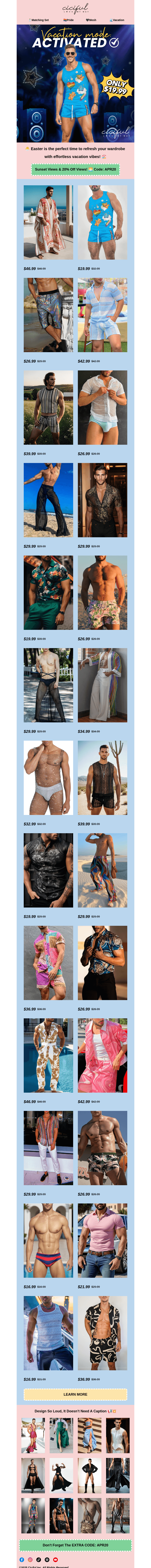 Письмо компании «Ciciful» на тему «✈️Kick Off Your Holiday Getaway With 20% Off! Happy Easter!»