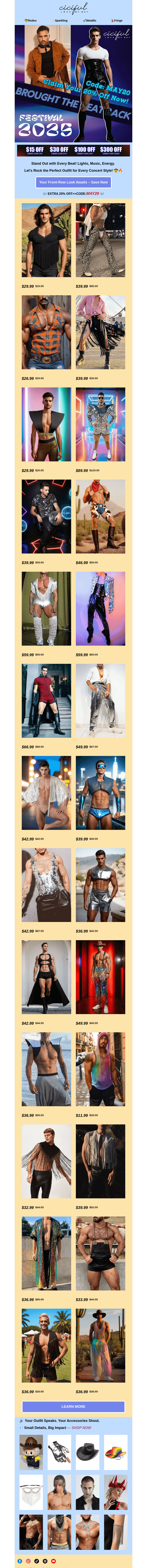 Письмо компании «Ciciful» на тему «🎵 Exclusive 20% Off Concert Chic & Glowing Gear»