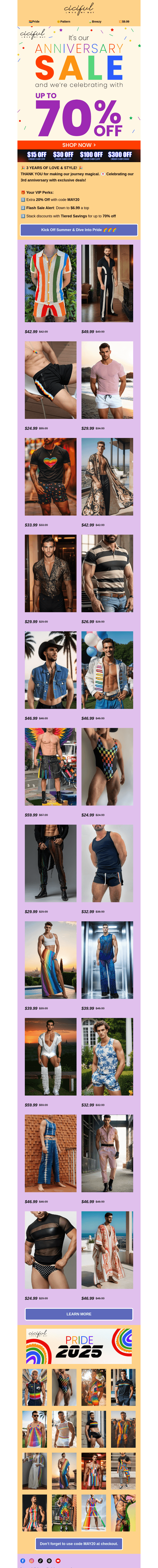 Письмо компании «Ciciful» на тему «🥳Up to 70% Off Everything – It’s Our 3rd Anniversary!»