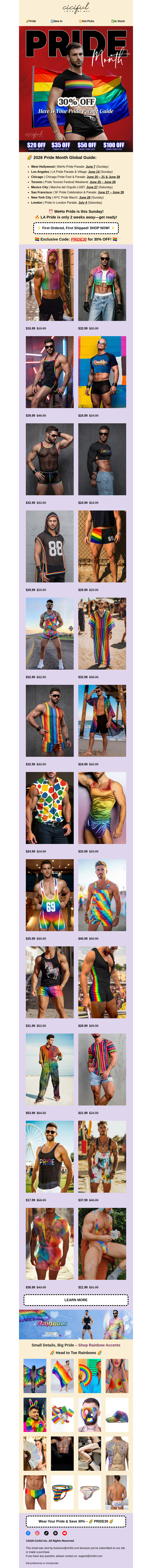Письмо компании «Ciciful» на тему «🌈 PRIDE30 for 30% OFF! Check your Pride Guide»
