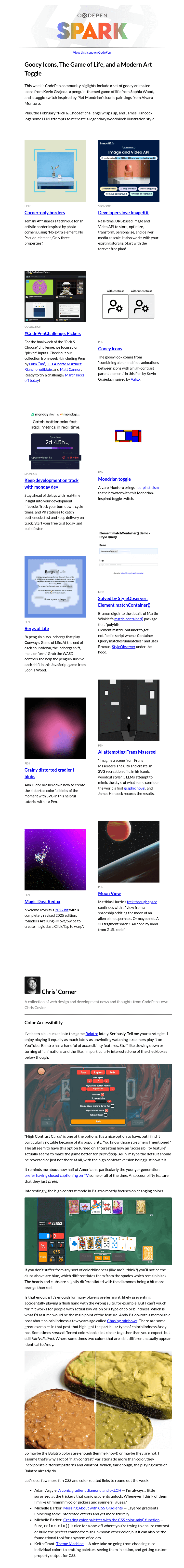 Письмо компании «CodePen» на тему «Gooey Icons, The Game of Life, and a Modern Art Toggle»