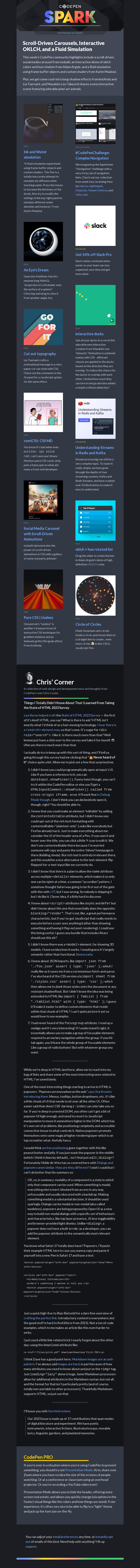 Письмо компании «CodePen» на тему «Scroll-Driven Carousels, Interactive OKLCH, and a Fluid Simulation»