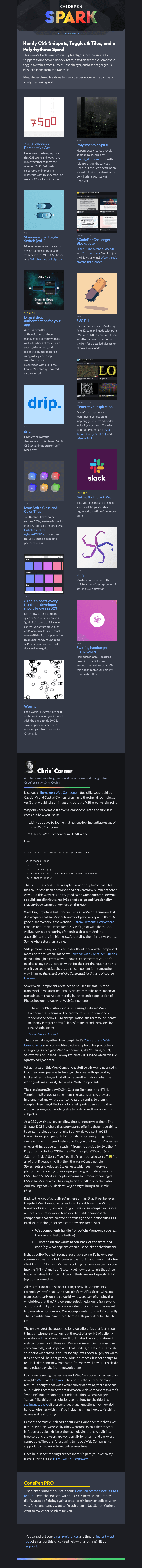 Письмо компании «CodePen» на тему «Handy CSS Snippets, Toggles & Tiles, and a Polyrhythmic Spiral»