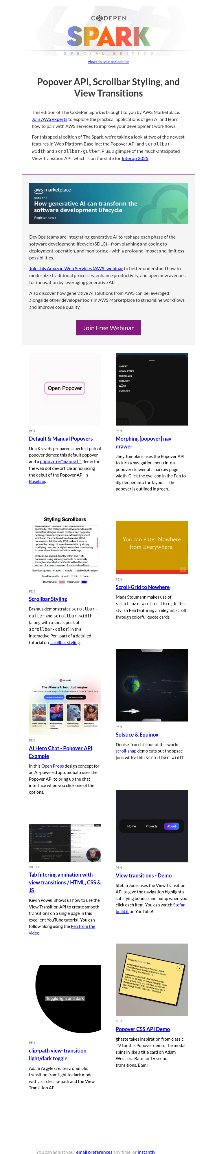 Письмо компании «CodePen» на тему «[CodePen Spark] Popover API, Scrollbar Styling, and View Transitions»