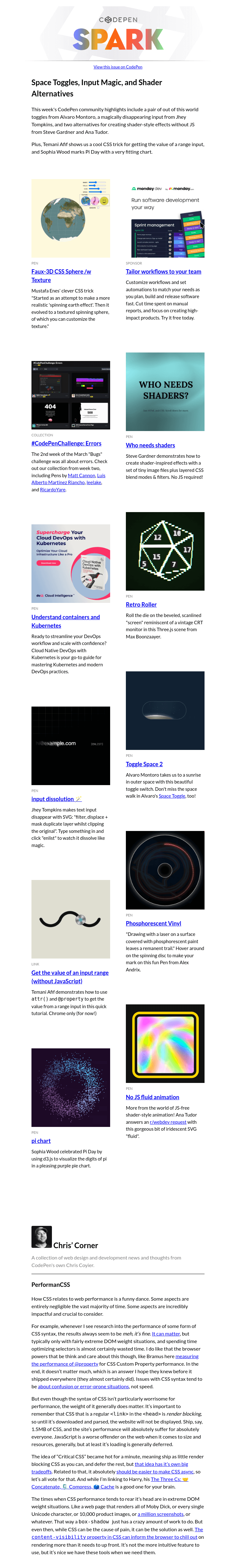 Письмо компании «CodePen» на тему «Space Toggles, Input Magic, and Shader Alternatives»