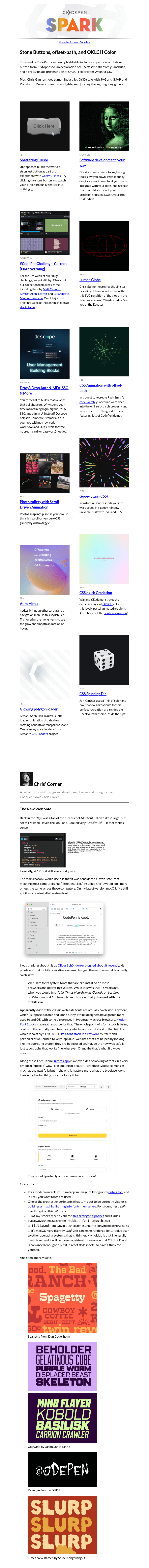 Письмо компании «CodePen» на тему «Stone Buttons, offset-path, and OKLCH Color»