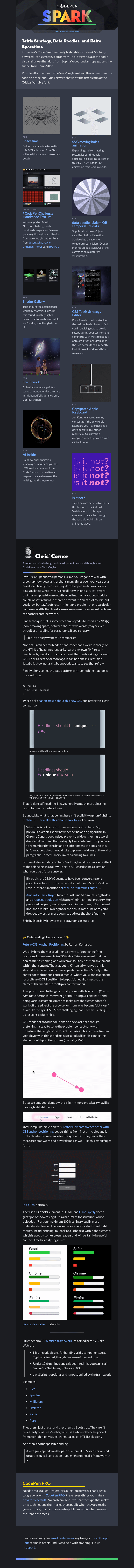 Письмо компании «CodePen» на тему «Tetris Strategy, Data Doodles, and Retro Spacetime»