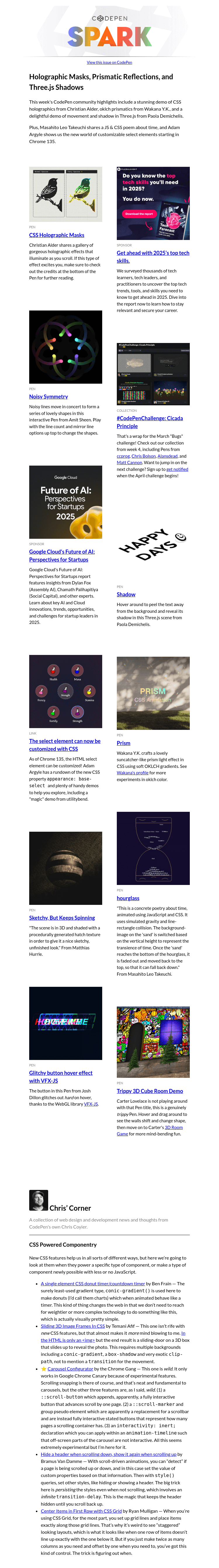 Письмо компании «CodePen» на тему «Holographic Masks, Prismatic Reflections, and Three.js Shadows»