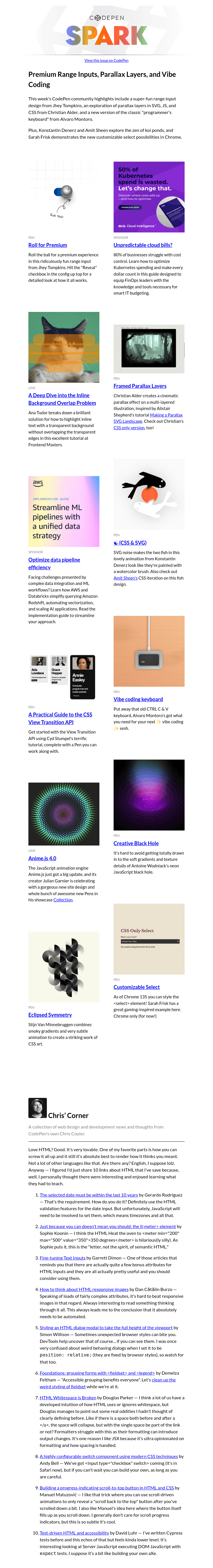 Письмо компании «CodePen» на тему «Premium Range Inputs, Parallax Layers, and Vibe Coding»